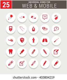 25 Red Universal icon set. simple pictogram minimal, flat, solid, mono, monochrome, plain, contemporary style. Vector illustration web internet design elements