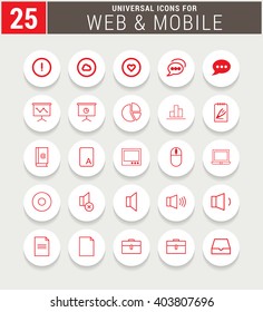 25 Red Universal icon set. simple pictogram minimal, flat, solid, mono, monochrome, plain, contemporary style. Vector illustration web internet design elements