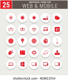 25 Red Universal icon set. simple pictogram minimal, flat, solid, mono, monochrome, plain, contemporary style. Vector illustration web internet design elements
