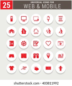 25 Red Universal icon set. simple pictogram minimal, flat, solid, mono, monochrome, plain, contemporary style. Vector illustration web internet design elements
