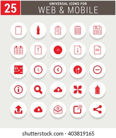25 Red Universal icon set. simple pictogram minimal, flat, solid, mono, monochrome, plain, contemporary style. Vector illustration web internet design elements