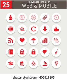 25 Red Universal icon set. simple pictogram minimal, flat, solid, mono, monochrome, plain, contemporary style. Vector illustration web internet design elements