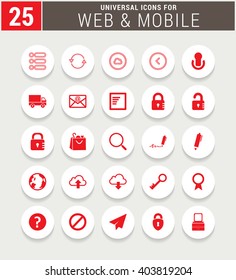25 Red Universal icon set. simple pictogram minimal, flat, solid, mono, monochrome, plain, contemporary style. Vector illustration web internet design elements