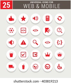25 Red Universal icon set. simple pictogram minimal, flat, solid, mono, monochrome, plain, contemporary style. Vector illustration web internet design elements