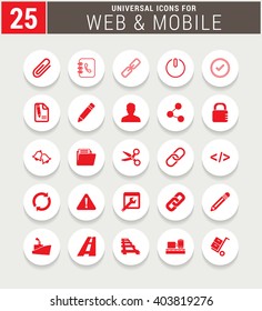 25 Red Universal icon set. simple pictogram minimal, flat, solid, mono, monochrome, plain, contemporary style. Vector illustration web internet design elements
