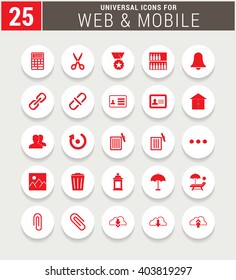 25 Red Universal icon set. simple pictogram minimal, flat, solid, mono, monochrome, plain, contemporary style. Vector illustration web internet design elements