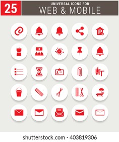 25 Red Universal icon set. simple pictogram minimal, flat, solid, mono, monochrome, plain, contemporary style. Vector illustration web internet design elements
