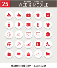 25 Red Universal icon set. simple pictogram minimal, flat, solid, mono, monochrome, plain, contemporary style. Vector illustration web internet design elements