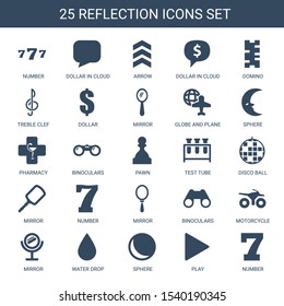 25 reflection icons. Trendy reflection icons white background. Included filled icons such as number, dollar in cloud, arrow, domino, treble clef. reflection icon for web and mobile.