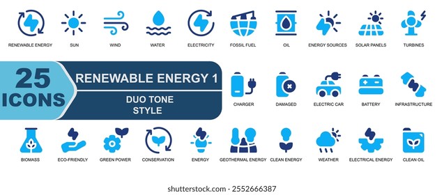 25 renewable energy icon.style duotone blue.contains green power,conservation,energy,geothermal energy,clean energy,weather,electrical energy,clean oil,renewable energy,solar energy,sun,wind power.
