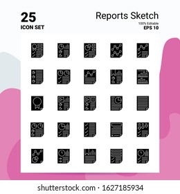 25 Reports Sketch Icon Set. 100% Editable EPS 10 Files. Business Logo Concept Ideas Solid Glyph icon design