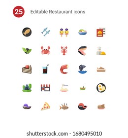 25 restaurant flat icons set isolated on . Icons set with Fish, sardine, starters, vegetarian, crab, lobster, dessert, drinks, shrimp, Camping, Small business, Pasta, Salad icons.