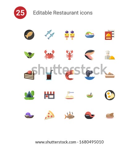 25 restaurant flat icons set isolated on . Icons set with Fish, sardine, starters, vegetarian, crab, lobster, dessert, drinks, shrimp, Camping, Small business, Pasta, Salad icons.