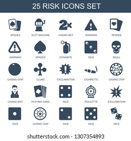 25 risk icons. Trendy risk icons white background. Included filled icons such as Spades, Slot machine, Casino bet, warning, dynamite, Dice, skull. risk icon for web and mobile.
