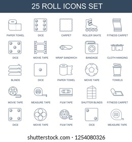 25 roll icons. Trendy roll icons white background. Included line icons such as paper towel, Dice, carpet, roller skate, fitness carpet, movie tape. roll icon for web and mobile.