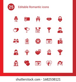 25 romantic filled icons set isolated on . Icons set with just married car, video shooting, champagne, love, balloons, Valentines Day, couple, Invitation, Floral design icons.