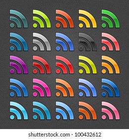 25 RSS sign glossy web button. Blank color shape with black drop shadow on dark gray background with noise effect. Vector illustration EPS 10.