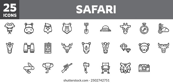 25 safari icons set, vector line, editable stroke.