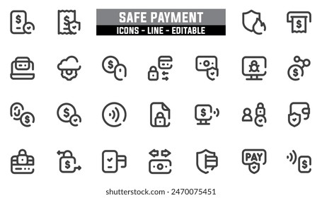 25 safe payment icons set, vector line, editable stroke.