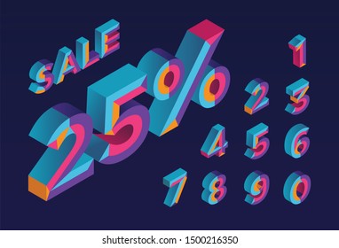 25% sale. 0, 1, 2, 3, 4, 5, 6, 7, 8, 9 isometric 3D numeral alphabet. Percent off, sale background. Colorfull polygonal triangle Letter. Eps10. Vector Isolated Number.