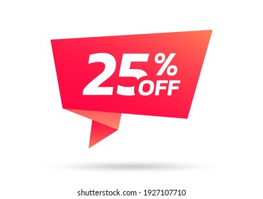 25% sale or discount tag, sticker or origami label. 25 percent price off badge. Promotion, ad banner, promo coupon design element. Vector illustration.