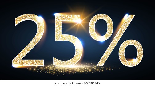 25% Sale. Twenty Five Percent Off. Sale Design Element with Shining Lights and Gold Texture. Elegant Luxury Banner. Vector illustration

