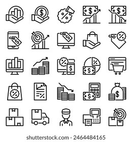 25 Sales and marketing icons in line style, including profits, chart, finance, and discount.