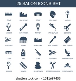 25 salon icons. Trendy salon icons white background. Included filled icons such as comb, spa stone, spa mask, mirror, hair curler, scissors, nail sawing. salon icon for web and mobile.