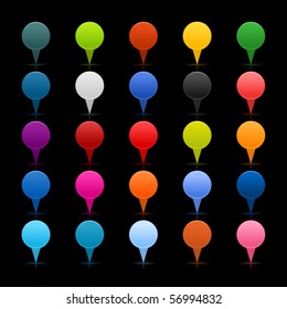 25 satin mapping pins web 2.0 buttons. Colored round shapes with reflection on black background.