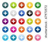 25 satined web 2.0 button with plus sign. Colorful round shapes with shadow on white background
