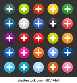 25 satined web 2.0 button with plus sign. Colorful round shapes with shadow on gray background