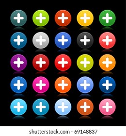 25 satined web 2.0 button with plus sign. Colored round shape with reflection on black background