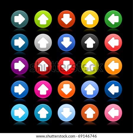 25 satined web 2.0 button with arrow sign. Colored round shape with reflection on black background