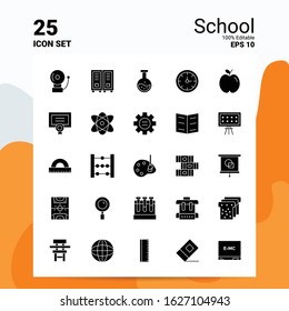 25 School Icon Set. 100% Editable EPS 10 Files. Business Logo Concept Ideas Solid Glyph icon design