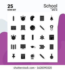 25 School Icon Set. 100% Editable EPS 10 Files. Business Logo Concept Ideas Solid Glyph icon design