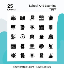25 School And Learning Icon Set. 100% Editable EPS 10 Files. Business Logo Concept Ideas Solid Glyph icon design