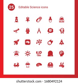 25 science filled icons set isolated on . Icons set with alien, AI Robot, Attract, Astronomy, coat, Compasses, rocket, Artificial Intelligence, Neural network, Vision, Global education icons.