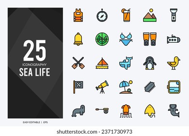 25 Sea Life Lineal Color icons pack. vector illustration.