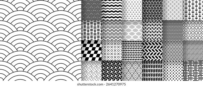 25 seamless black and white patterns suitable for packaging, fabric, and digital design, Vector.