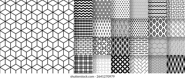 25 seamless black and white patterns suitable for packaging, fabric, and digital design, Vector.