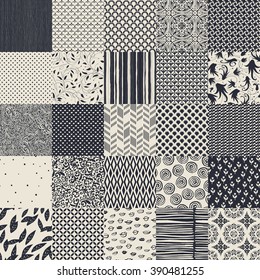 25 seamless different vector monochrome patterns. Geometric, floral, ornamental, hand drawn patterns collection. 