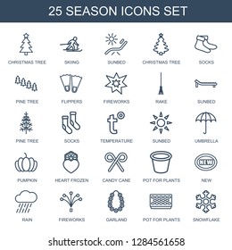25 season icons. Trendy season icons white background. Included outline icons such as Christmas tree, skiing, sunbed, socks, pine tree, flippers. season icon for web and mobile.
