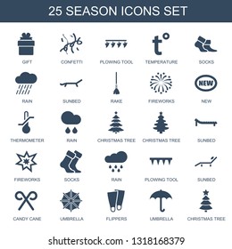 25 season icons. Trendy season icons white background. Included filled icons such as gift, confetti, plowing tool, temperature, socks, rain, sunbed. season icon for web and mobile.