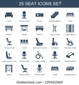 25 seat icons. Trendy seat icons white background. Included filled icons such as sofa, office chair, ticket, garden bench, bench, swing, baby chair. seat icon for web and mobile.