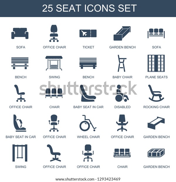 25 seat
icons. Trendy seat icons white background. Included filled icons
such as sofa, office chair, ticket, garden bench, bench, swing,
baby chair. seat icon for web and
mobile.