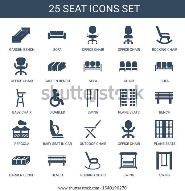 25 seat\
icons. Trendy seat icons white background. Included filled icons\
such as garden bench, sofa, office chair, rocking chair, chair,\
baby chair. seat icon for web and\
mobile.