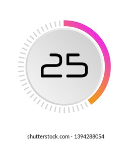 The 25 seconds, minutes, stopwatch vector icon, digital timer. Vector digital count down circle board with circle time pie diagram. Watch outline style design, designed for web and app. 