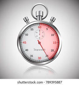 25 seconds. Silver realistic stopwatch with reflection. Vector.