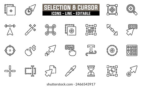 25 selection and cursors icons set, vector line, editable stroke.