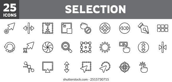 25 selection and cursors icons set, vector line, editable stroke.